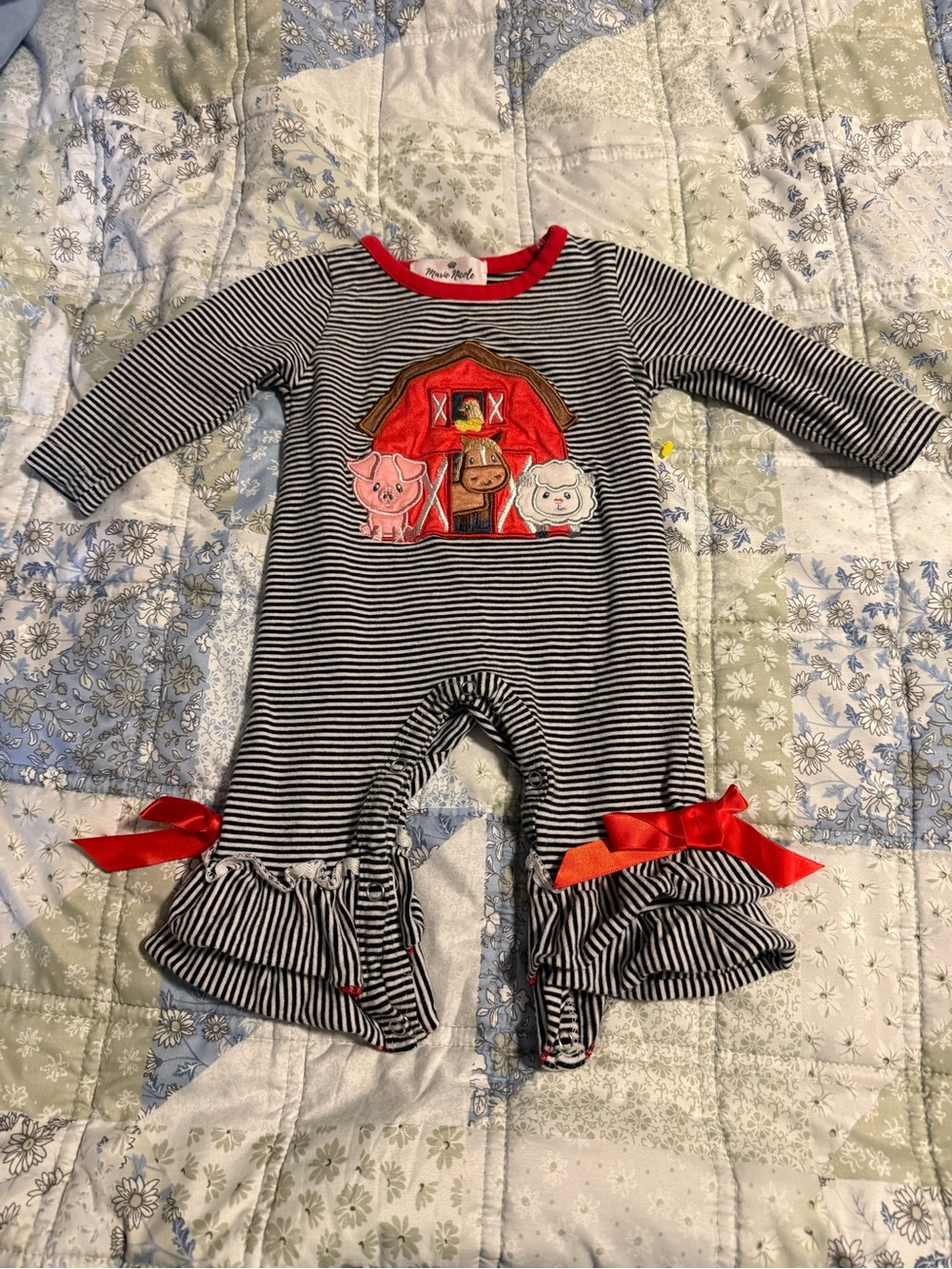 Marie Nicole Baby Girls Size 3-6 months Barn Farm Animals Romper Ruffles Striped